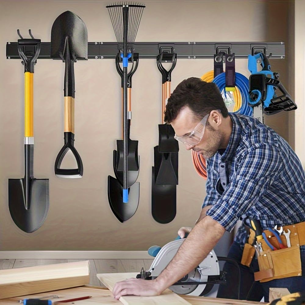 48" Industrial-Grade Wall-Mounted Garage Tool Organizer Heavy-Duty Steel Frame with Capacity Adjustable Swivel Hooks with Dual Shovel Holders for Yard Tools, Trimmers, Ladders& Garage Storage