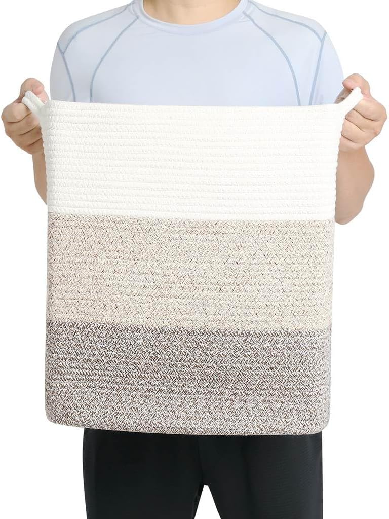 Tall Laundry Basket With Handles,Woven Cotton Rope Big Laundry Hamper Sorters,Versatile Storage for Dirty Clothes,Baby Toys,and Blankets in Bathroom, Nursery,and Living Room (Gradient Brown, 80L)
