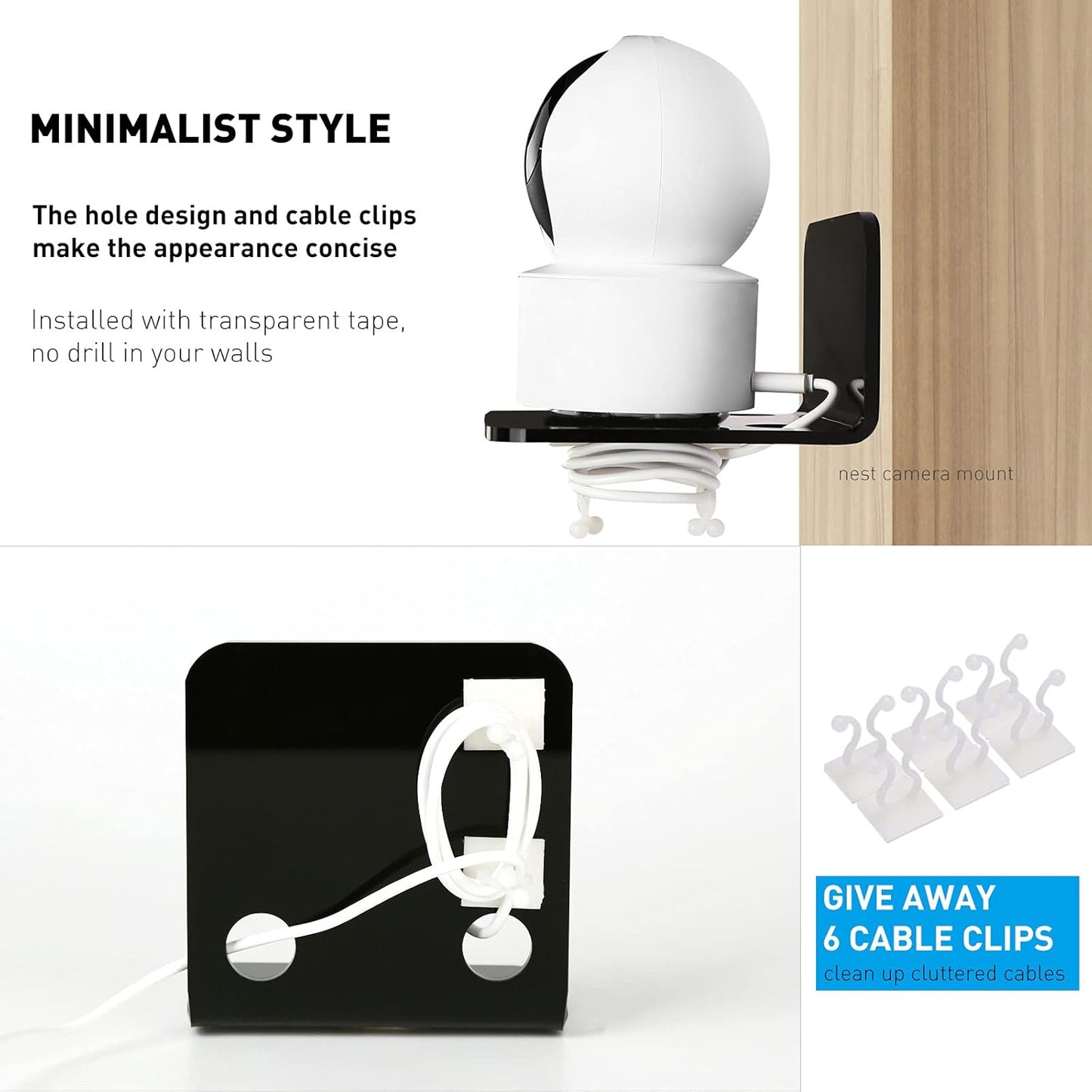 OAPRIRE Acrylic Floating Wall Shelves Set of 3, Drill Free with10 Piece Strong Tapes - Universal Small Adhesive Shelf for Security Cameras, Baby Monitors with Cable Clips (Black)