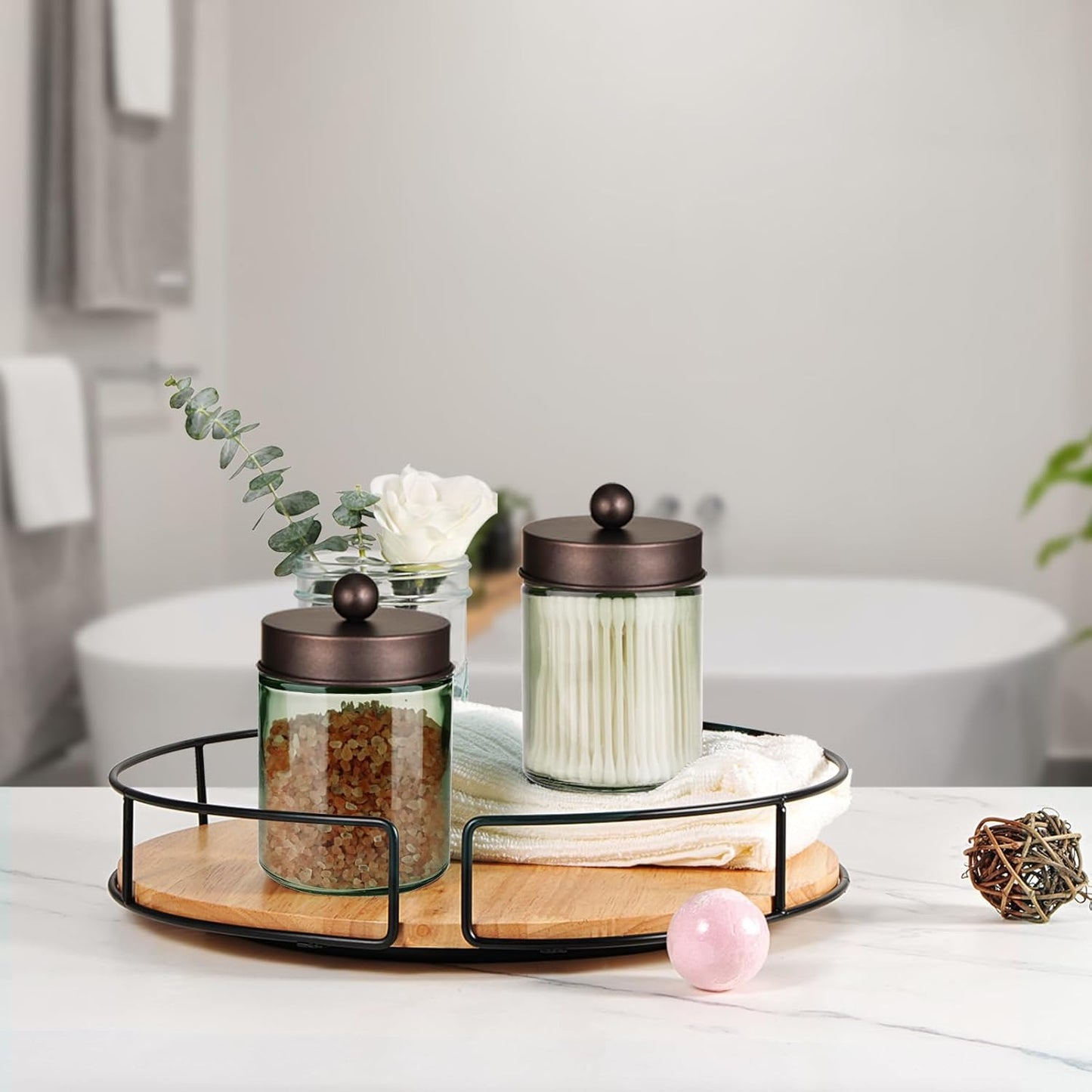 Amolliar Sage Green Apothecary Glass Jar With Metal Lid & Stickers, Bathroom Qtip Holder Storage Canister, Farmhouse Decor for Cotton Balls, Cotton Swabs, Makeup Pads, Bath Salt, Floss, Bronze 1 Pack