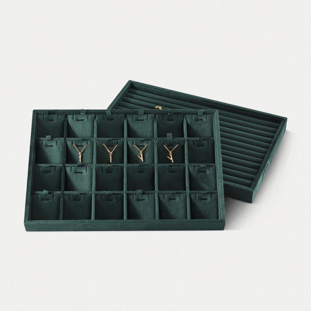 Velvet Necklace Display Tray, Stackable 24 Grid Insert Pendant Necklaces Storage Holder Plate, Jewelry Retail Countertop Organizer (Green)