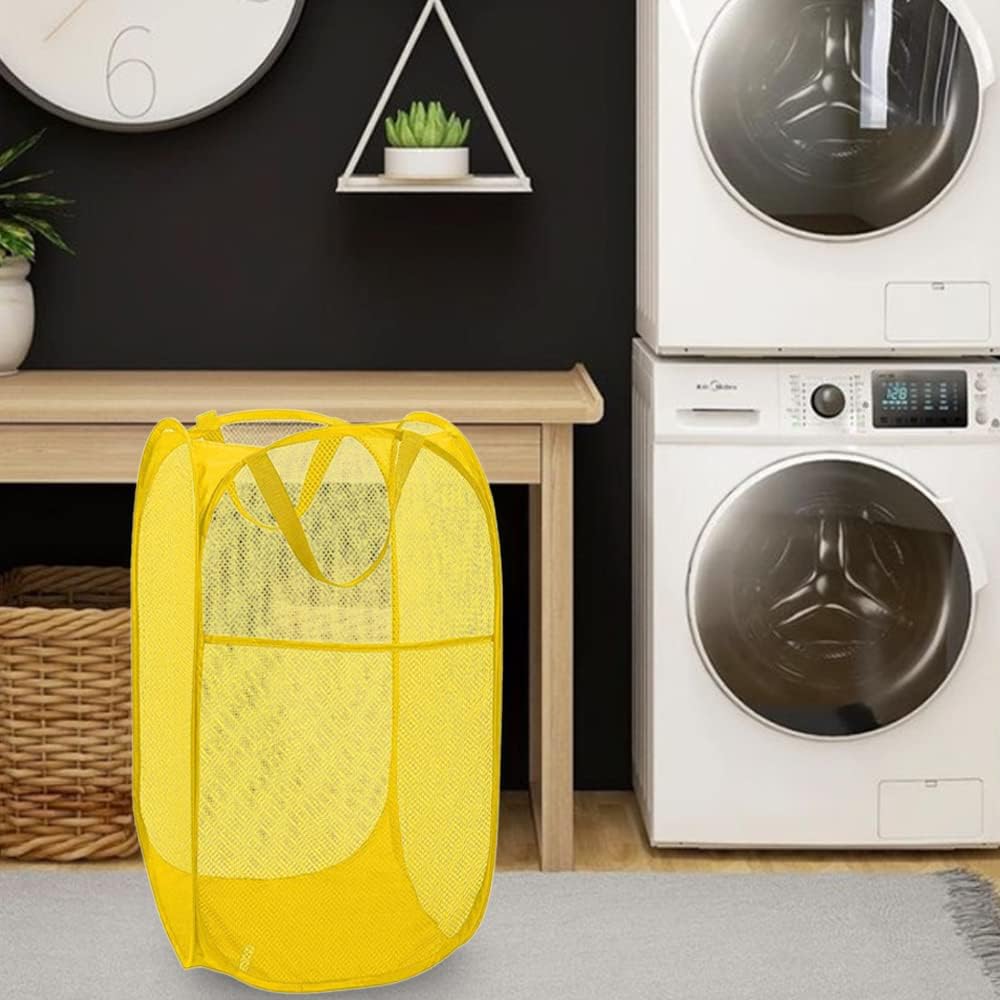 BATTOO Deluxe Strong Mesh Pop up Laundry Hamper Basket with Side Pocket for Laundry Room, Bathroom, Kids Room, College Dorm or Travel Yellow
