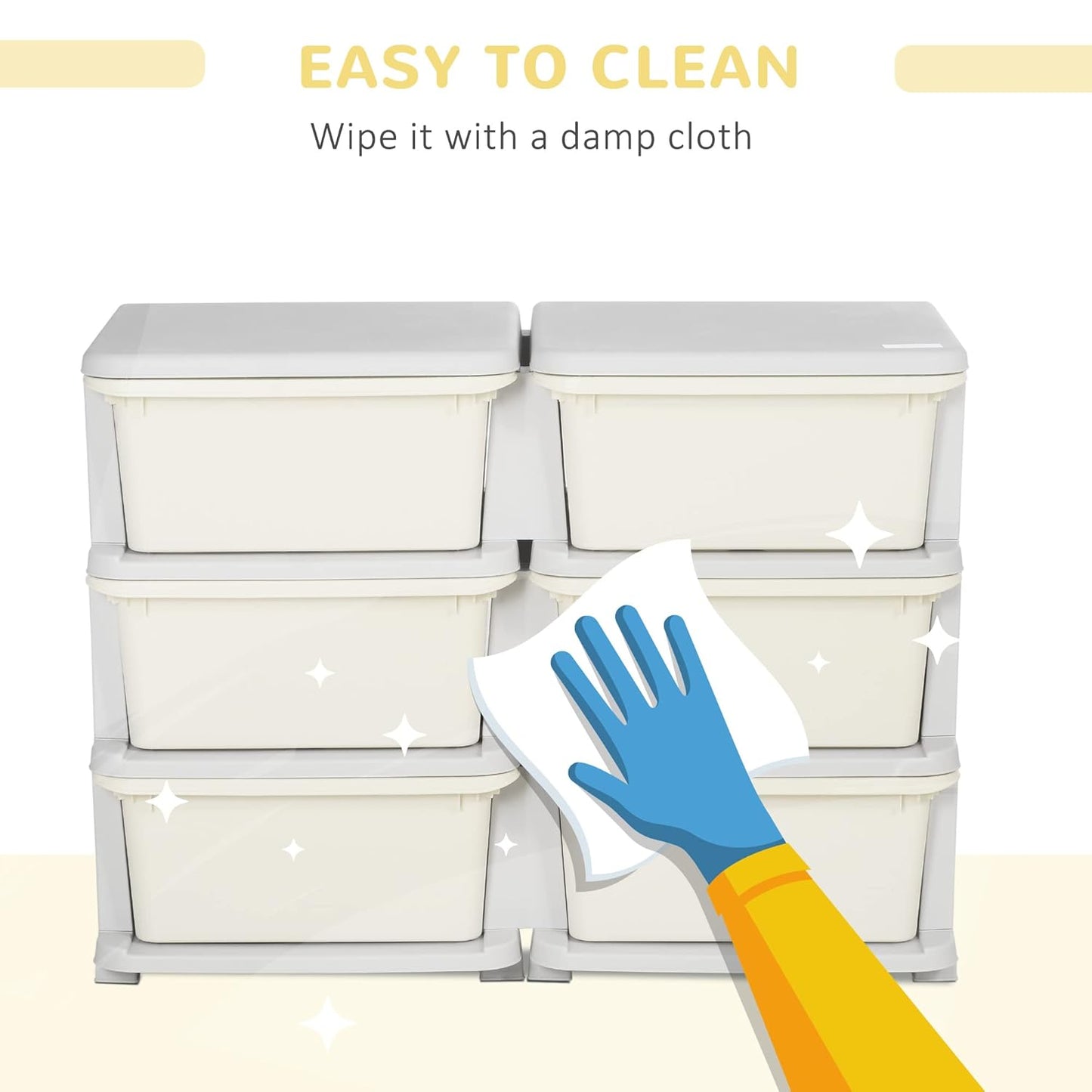 Qaba 3 Tier Kids Storage Unit, 6 Drawer Chest Toy Organizer Plastic Bins for Kids Bedroom Nursery Kindergarten Living Room for Boys Girls Toddlers, Cream White