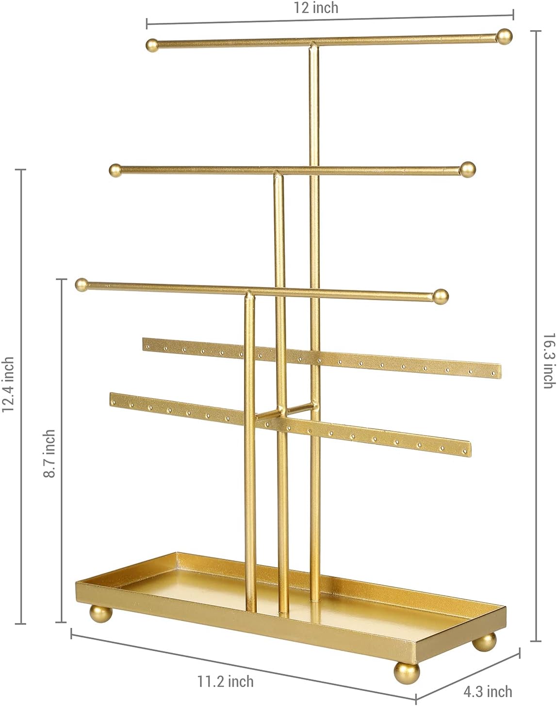 MyGift 5-Tier Gold Metal Jewelry Organizer Stand with Earring Hooks & Ring Tray - T-Bar for Tangle-Free Necklace Bracelet Display - Home Store Boutique (16.25" H)