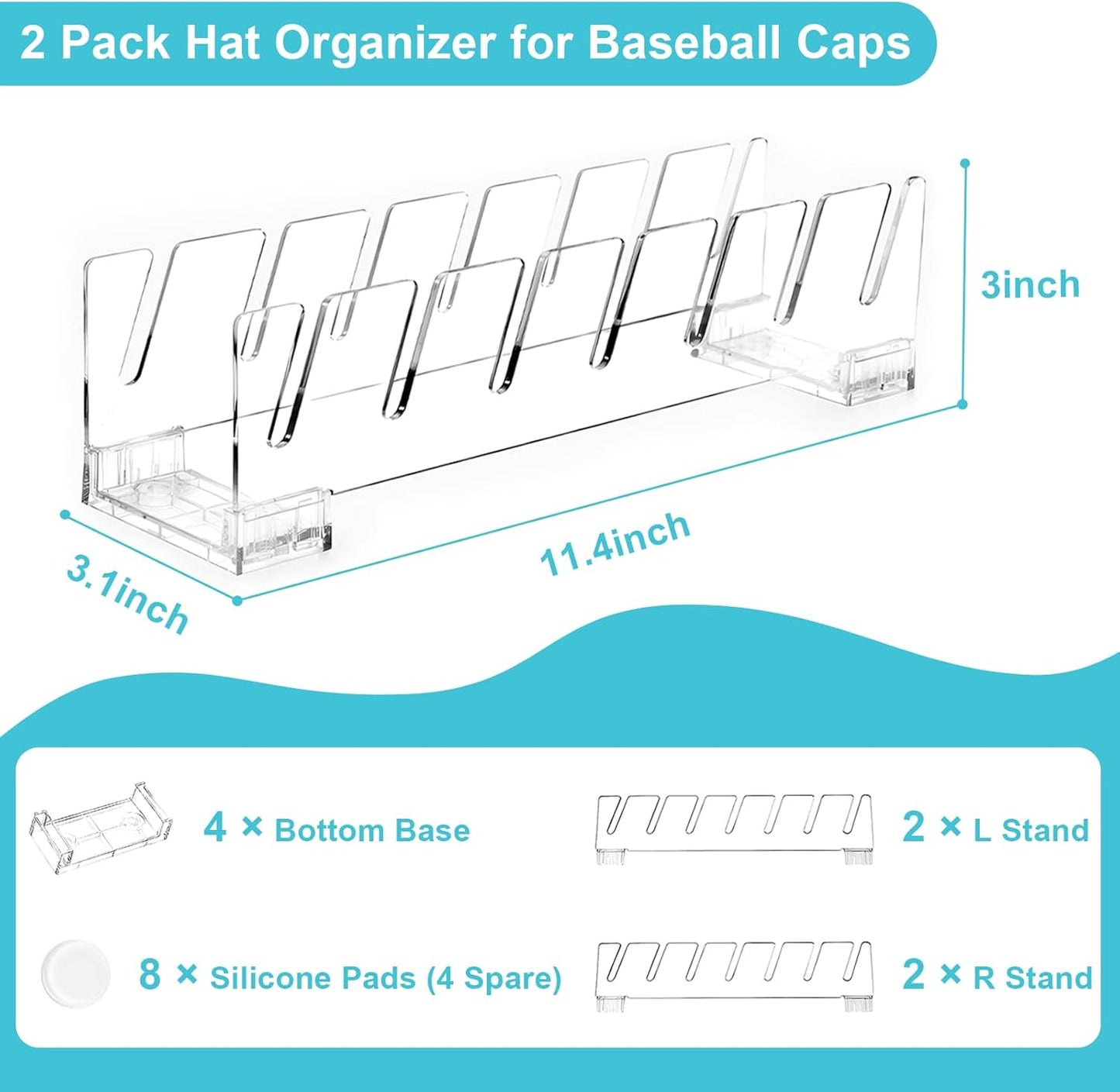 Hat Organizer for Baseball Caps, 2 Pack Upgrade Acrylic Hat Stand for 14 Baseball Caps Storage Organizer, Easy Install Hat Holder Display and Organization for Bedroom, Closet, Dresser-Clear