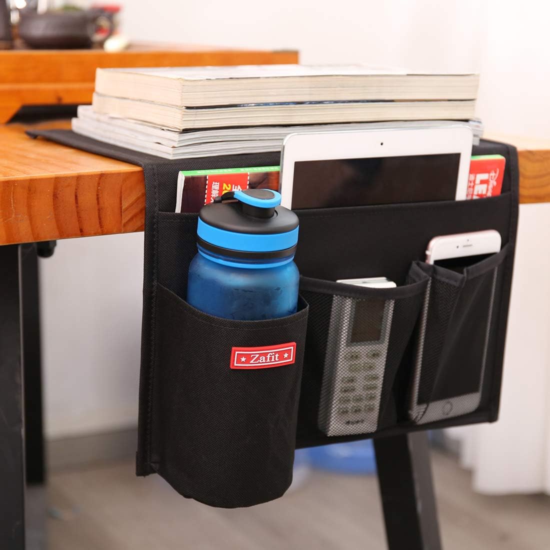 Bedside Storage Organizer - Table Cabinet Organizer Caddy for Remotes, Phone, Glasses (4 Pockets - Black)