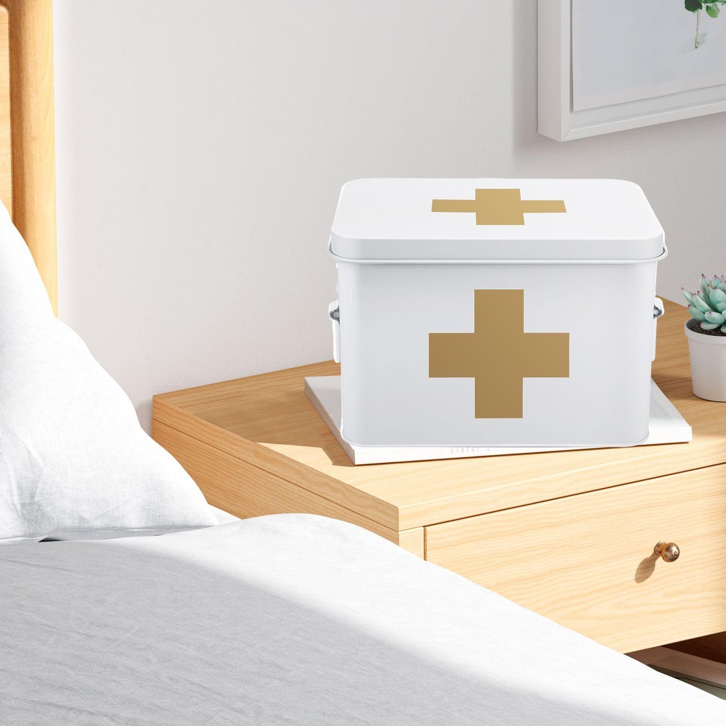 Flexzion First Aid Medicine Box Supplies Kit Organizer - Empty 8" White Metal Tin Medic Storage Bin Hard Case with Removable Tray Black Cross, Vintage Antique Boxes for Home Family Emergency Tool Set
