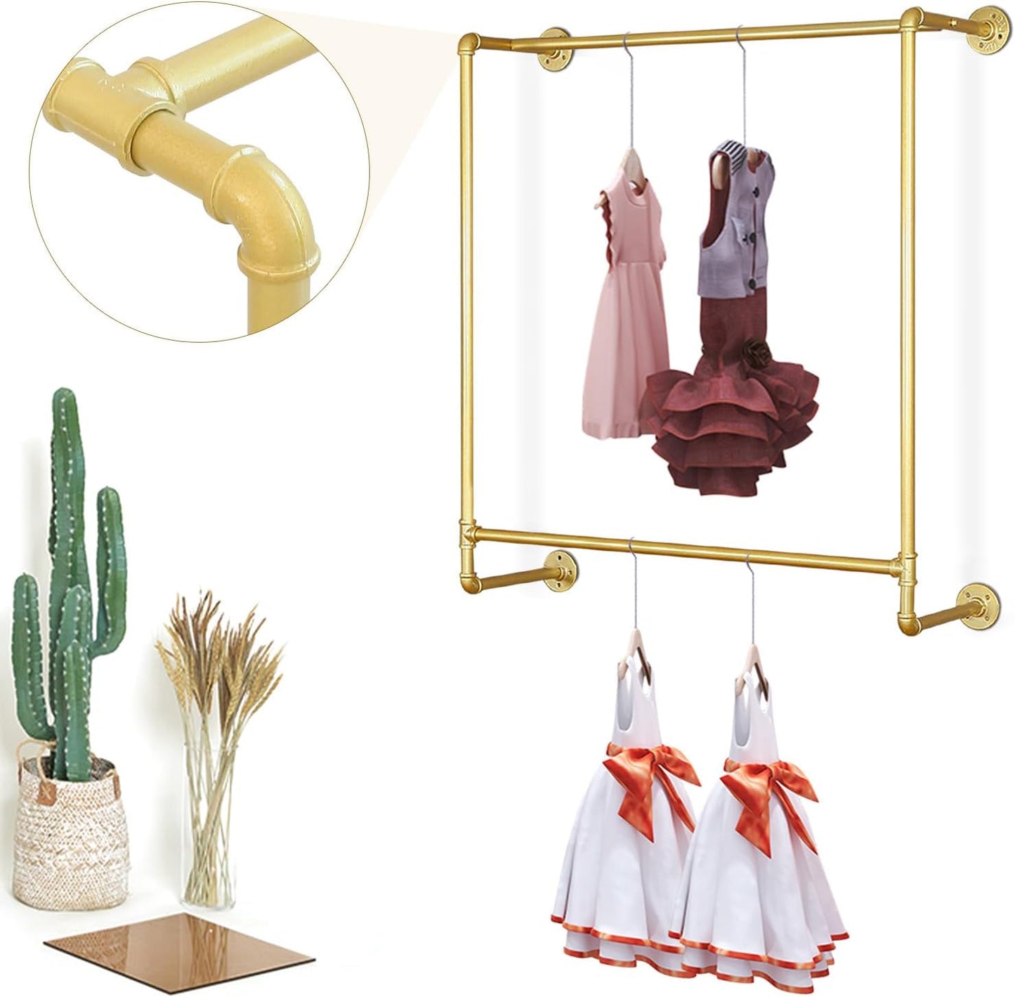 Gold Wall Mounted Clothes Rack, Industrial Pipe Garment Rack Hanging Rod Bar for Closet Storage,Laundry Room Up to Max Load 110lbs
