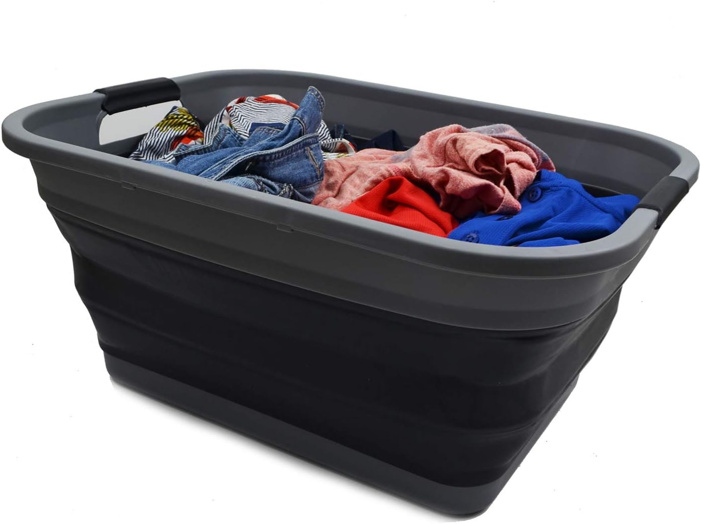 SAMMART 41L (10.8 gallon) Collapsible Plastic Laundry Basket - Foldable Pop Up Storage Container/Organizer - Portable Washing Tub - Space Saving Hamper/Basket, (Rectangular, Grey/Black)