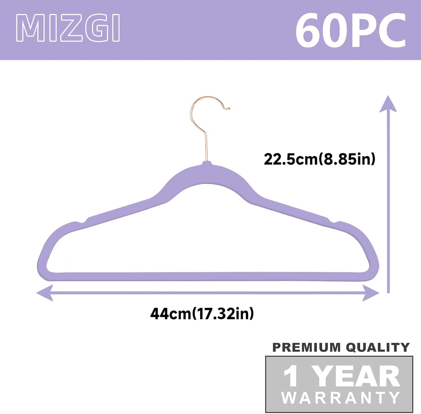 MIZGI Premium Velvet Hangers (60 Pack) Heavy Duty - Non Slip Felt Hangers - Velvet Suit Hanger Light Purple - Rose Gold Hooks,Space Saving Clothes Hanger