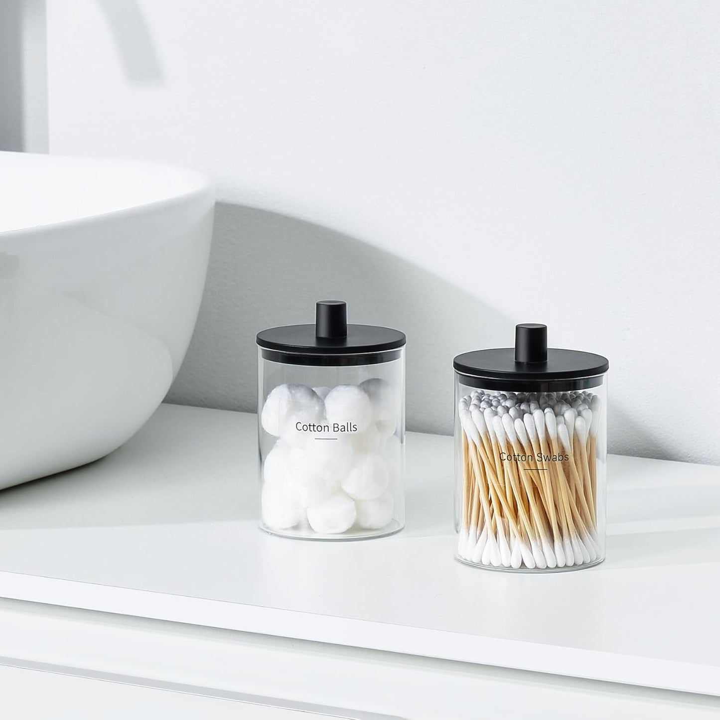 TIPGO Glass Qtip Holder Dispenser - 10 oz Clear Canister Apothecary Jar, Bathroom Vanity Storage Organizer Set for Cotton Swabs, Pads, Floss Picks, Small Containers for Makeup Storage (2 Pack, Black)