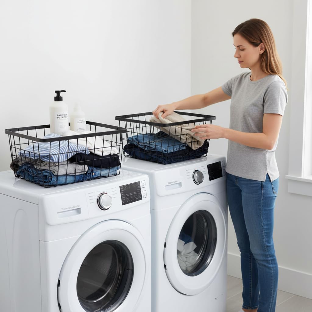 Kitchen Metal Wire Baskets with Handles Food Storage Organizer, Household Refrigerator for Cabinets,Pantry,Bathroom,Black,4 Pack