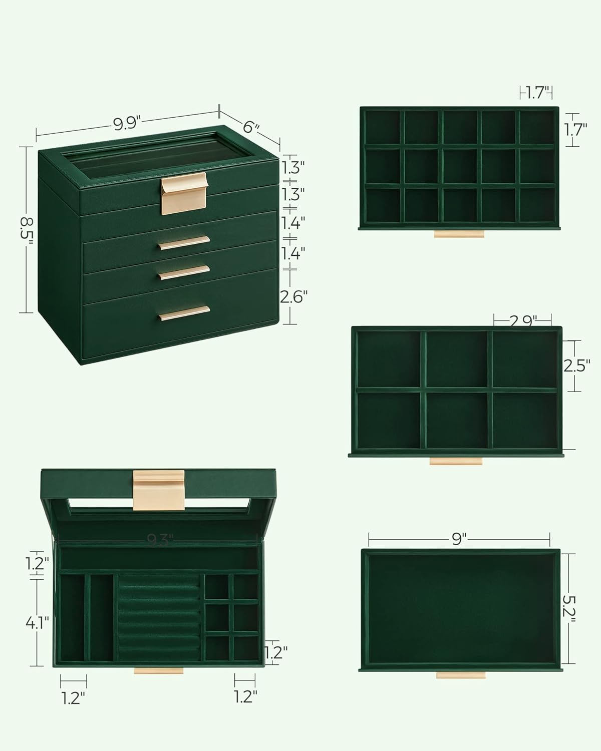 SONGMICS Jewelry Box Organizer with Glass Lid, 4-Layer Jewelry Storage, with 3 Drawers, Modern Style, Christmas Gift, 6 x 9.9 x 8.5 Inches, Forest Green and Gold Color UJBC161G01