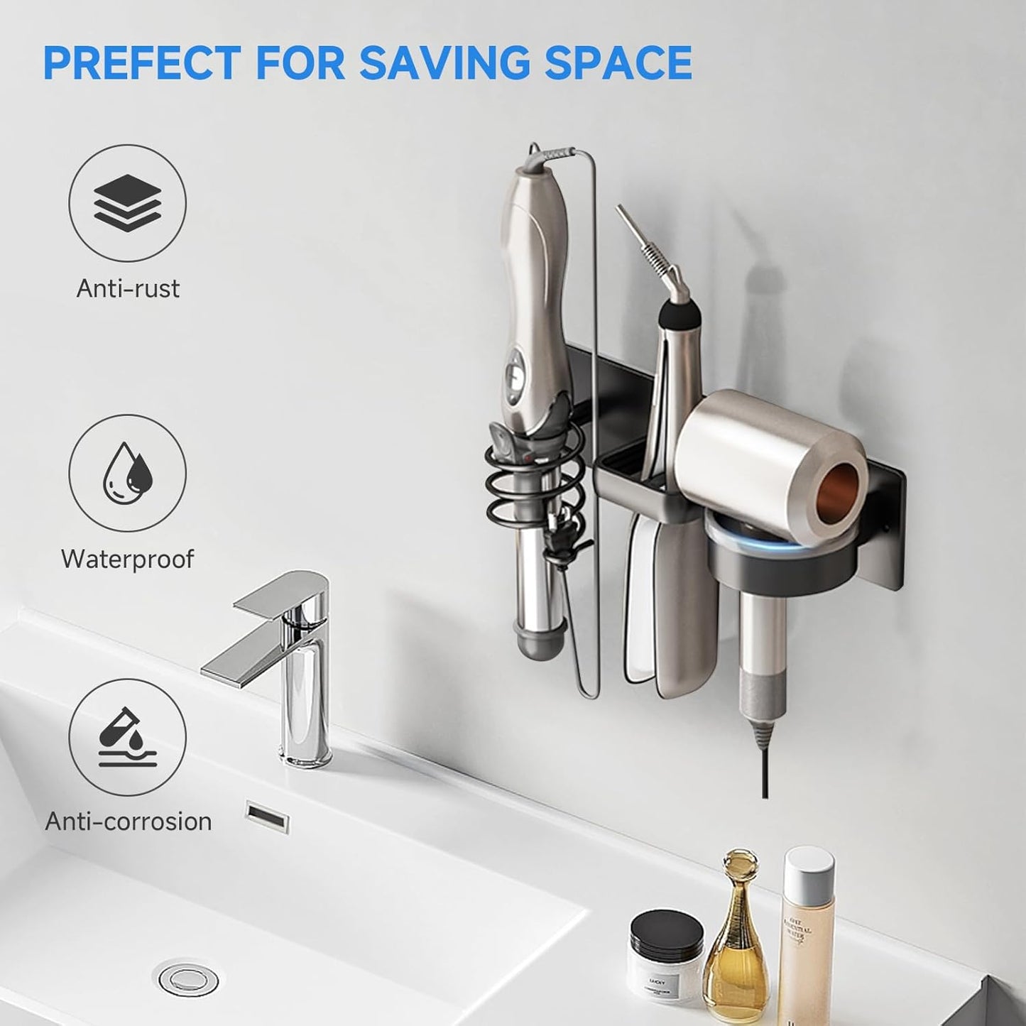 Hair Dryer Holder Wall Mounted,Blow Dryer, Curling Iron, Straightener Holder 3 in 1 Bathroom Metal Hair Tool Organizer Rack-BLACK-1