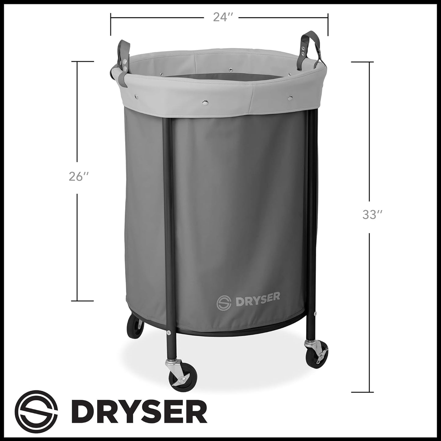 Dryser Laundry Basket with Wheels, 65 Gal. Commercial Round Rolling Laundry Hamper with Steel Cart, 4 Casters and 2 Brakes, Removable Liner - Gray