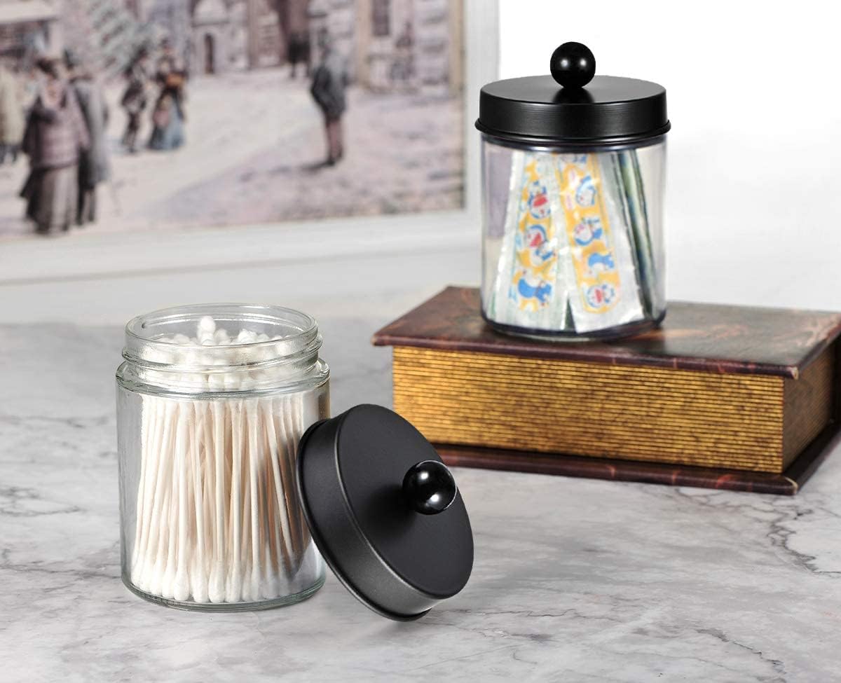 Amolliar 6Pc Apothecary Jars Bathroom Vanity Organizer- Rustic Farmhouse Decor Storage Canister with Stainless Steel Lids- Qtip Dispenser Holder for Q-Tips,Cotton Swabs,Rounds,Ball,Flossers (Black)