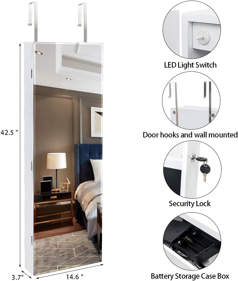 8 LEDs Mirror Jewelry Armoire, Wall Mounted Jewelry Cabinet with Mult Back Shelves & Interior Mirror & Lockable & Drawers, Jewelry Organizer with Storage for Women Gift, White