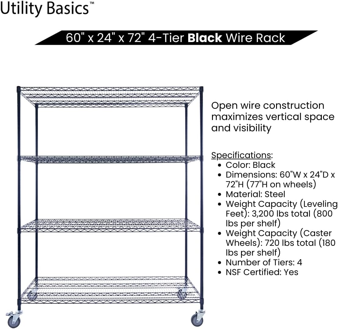 NSF Commercial 4-Tier Wire Shelving with Wheels, 60"x24"x72" Heavy Duty Metal Shelves 3200 lbs Max Capacity, Black Storage Rack for Garage Kitchen Pantry Warehouse