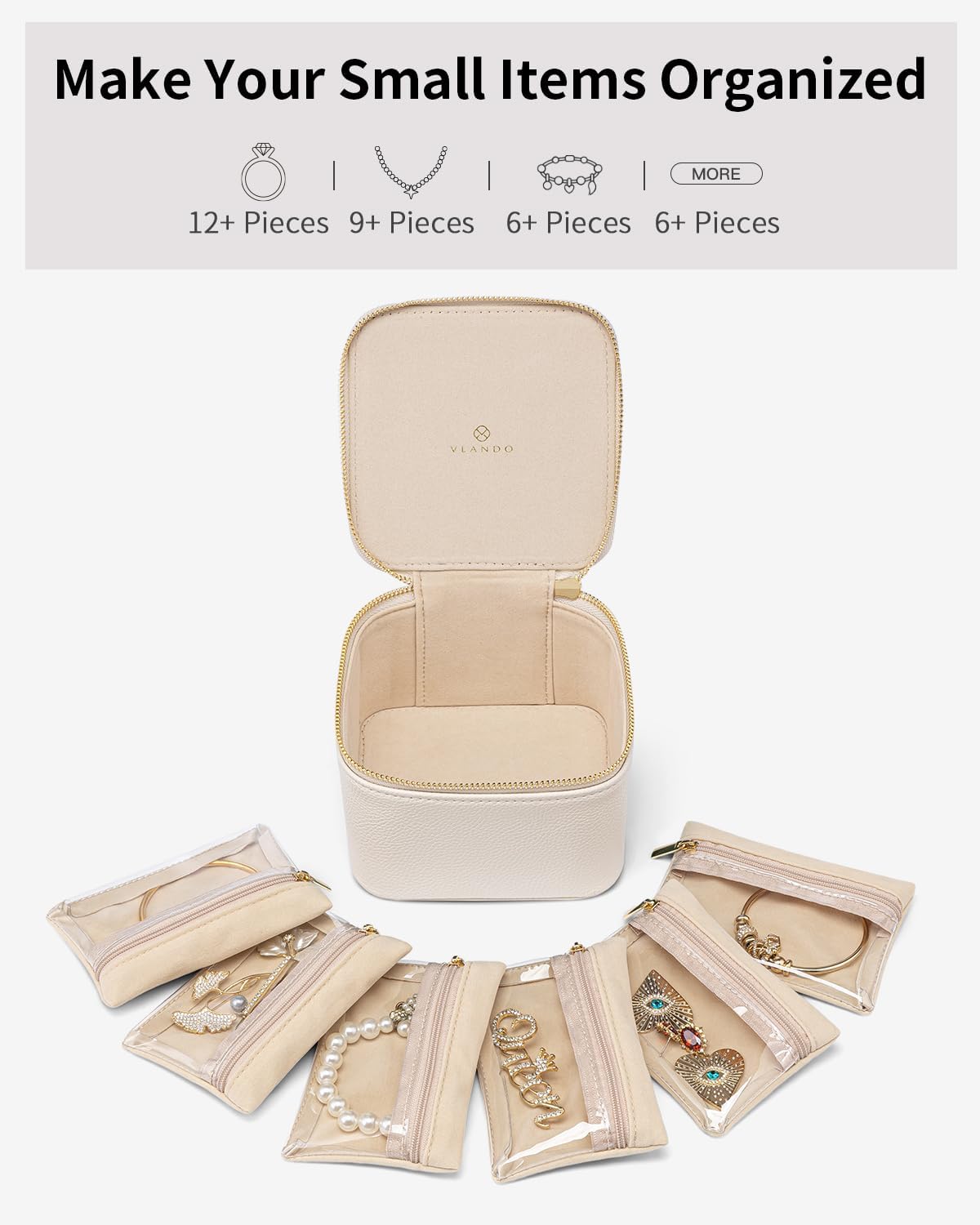 Vlando Small Jewelry Box Organizer,Travel Jewelry Storage with 6 Velvet Jewelry Zipper Pockets,Travel Jewelry Case Valentines Gifts Birthday Gifts for Women Girls (White)