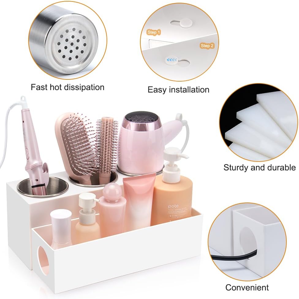 Hair Tool Organizer - Bathroom Vanity Organizers and Storage, Hair Styling Accessories Hot Tools Organizer Hair Dryer, Blow Dryer, Curling Iron, Flat Iron, Hair Straightener, White