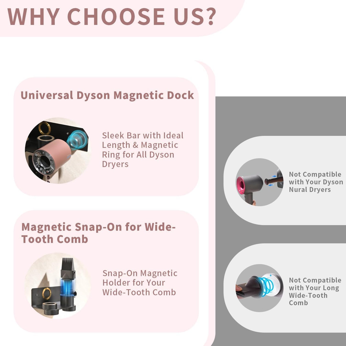 Dyson Hair Dryer Holder, Hair Dryer Wall Mount Hanger for Supersonic Nural, 5 Attachments Magnetic Aluminum Anti-Scratch Dyson Blow Dryer Holder with Cord Hook, No-Drill/Screw Installation UEMUSI