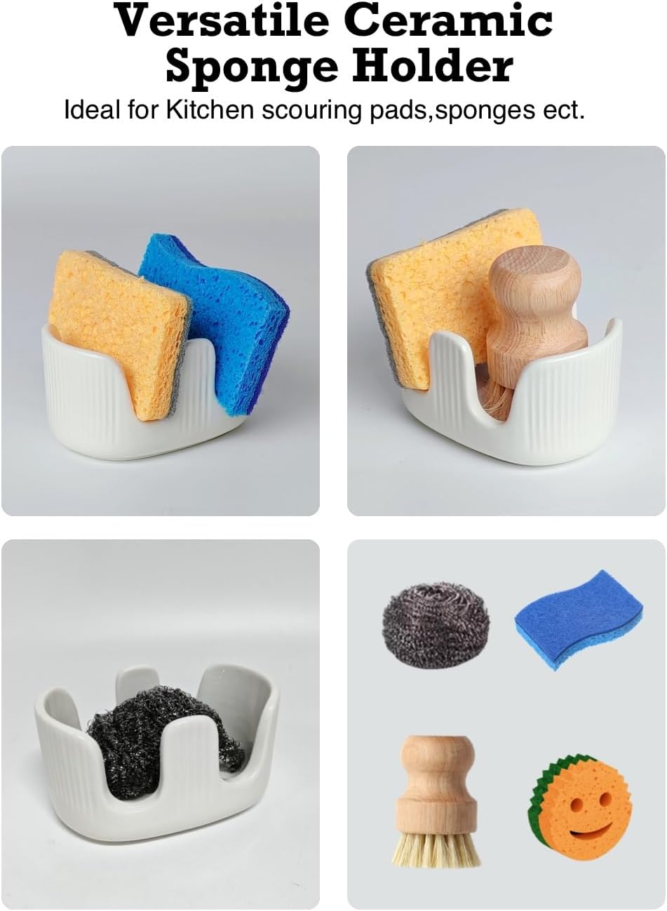 Ceramic Sponge Holder, 2-Slot Dish Sponge Holder for Kitchen Sink, Keeps Sponges Dry & Countertop Clean, Rust-Free & Dishwasher Safe, Stylis Design, Modern White