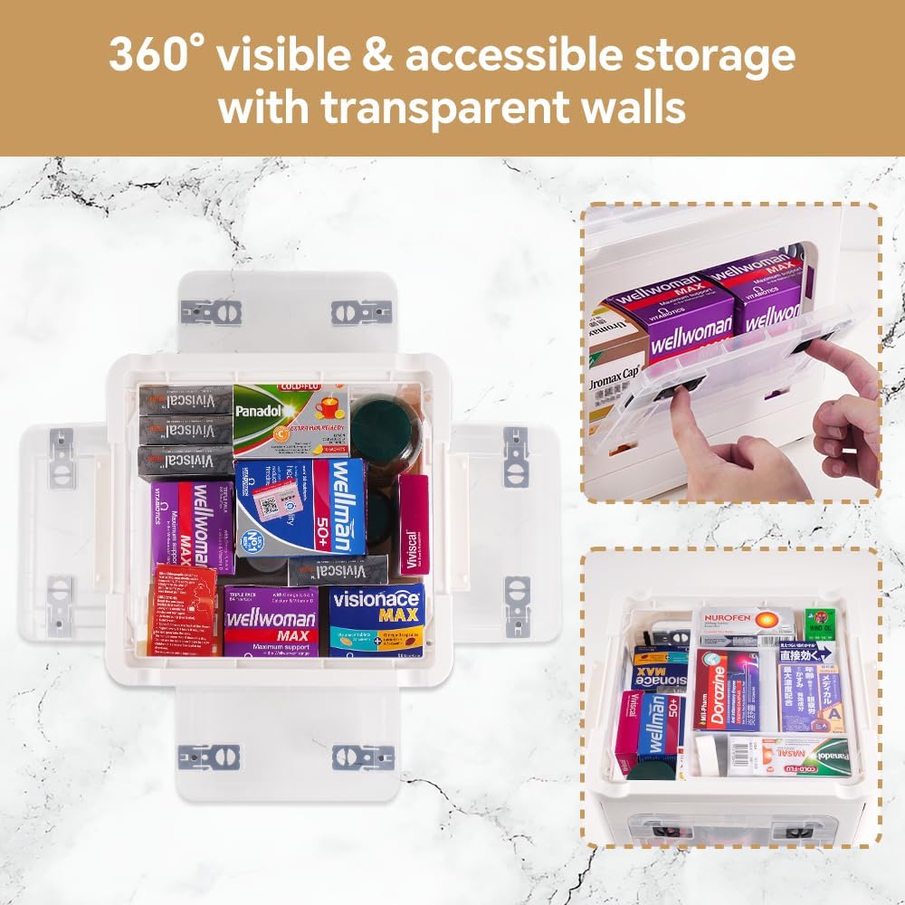 DOUKE 22qt Medicine Organizer Storage Box – Plastic First Aid Box Empty with Lid, Stackable Medical Container with Handle & Wheels, Sturdy BPA-Free Case with Tray for Medication & Supplies