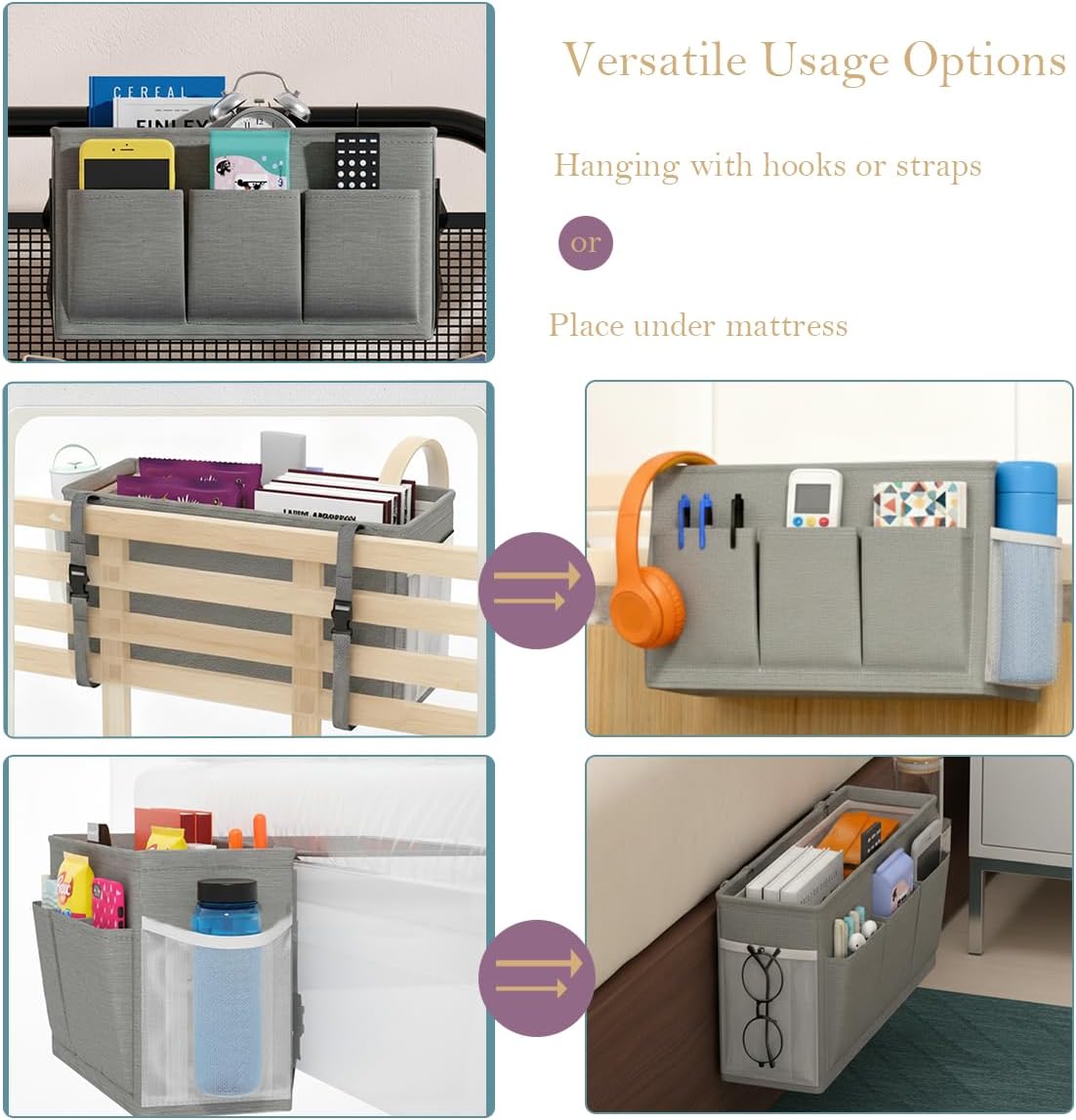 Dual-Purpose Bedside Caddy Organizer Hanging Storage Bag Dorm Storage for Home, Dorm, Bunk, Hospital Beds, Bed Caddy Holder with 6 Pockets for Magazines, Books, Phones, Remotes, Bottles