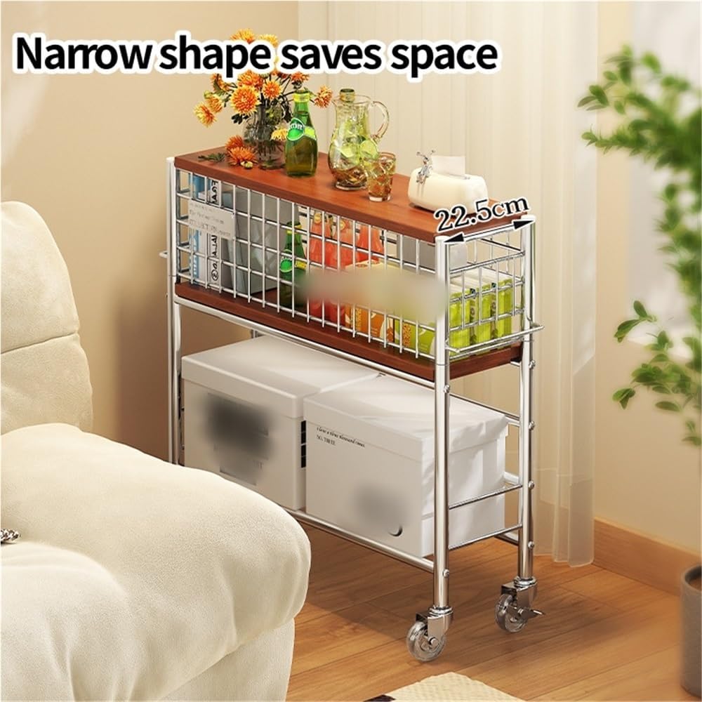 Slim Storage Cart with Wheels, 2 Tier Rolling Cart with Solid Wood Open Shelf, Space-Saving Snack Cart, Utility Cart for Kitchen, Bathroom, Living Room