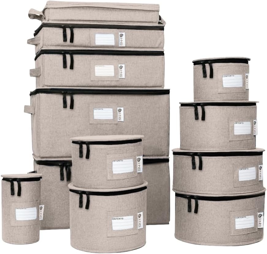 Hard Shell China Storage Containers 12-Piece Set Moving Boxes for Dinnerware, Glasses, Plates, Mugs and Saucers Sturdy Dish Organizer with Dividers for Seasonal Storage - Service for 12 - Brown