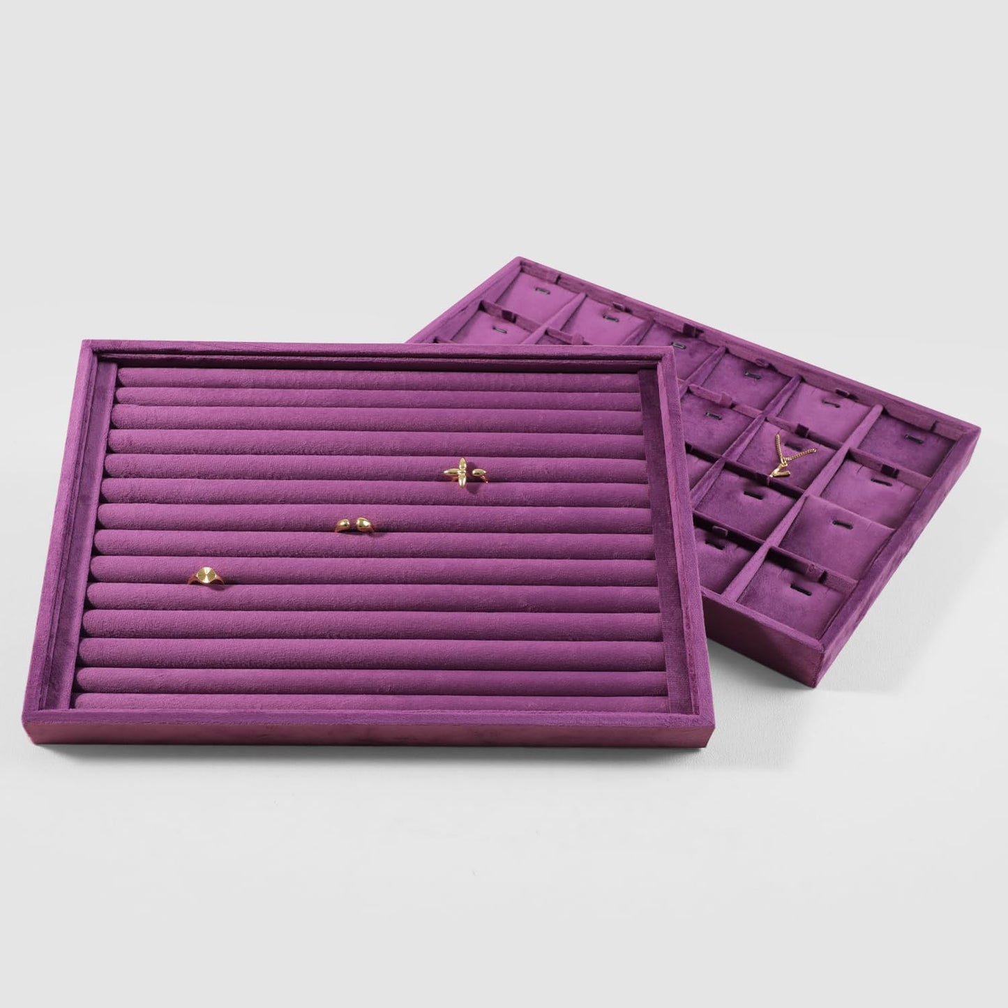 Velvet Ring Display Tray, Stackable Muilt Slot Rings Ear Stud Storage Tray, Drawer Insert Jewelry Accessories Organizers Plate (Purple)