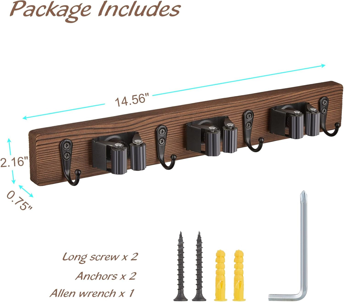 Mop Broom Holder Wall Mount with 3 Slots & 4 Hooks - Wood Broom Mop Hanger for Pantry Kitchen Organization - Garden Tool Organizer for Closet Laundry Room - for Rustic Farmhouse Kitchen Decor
