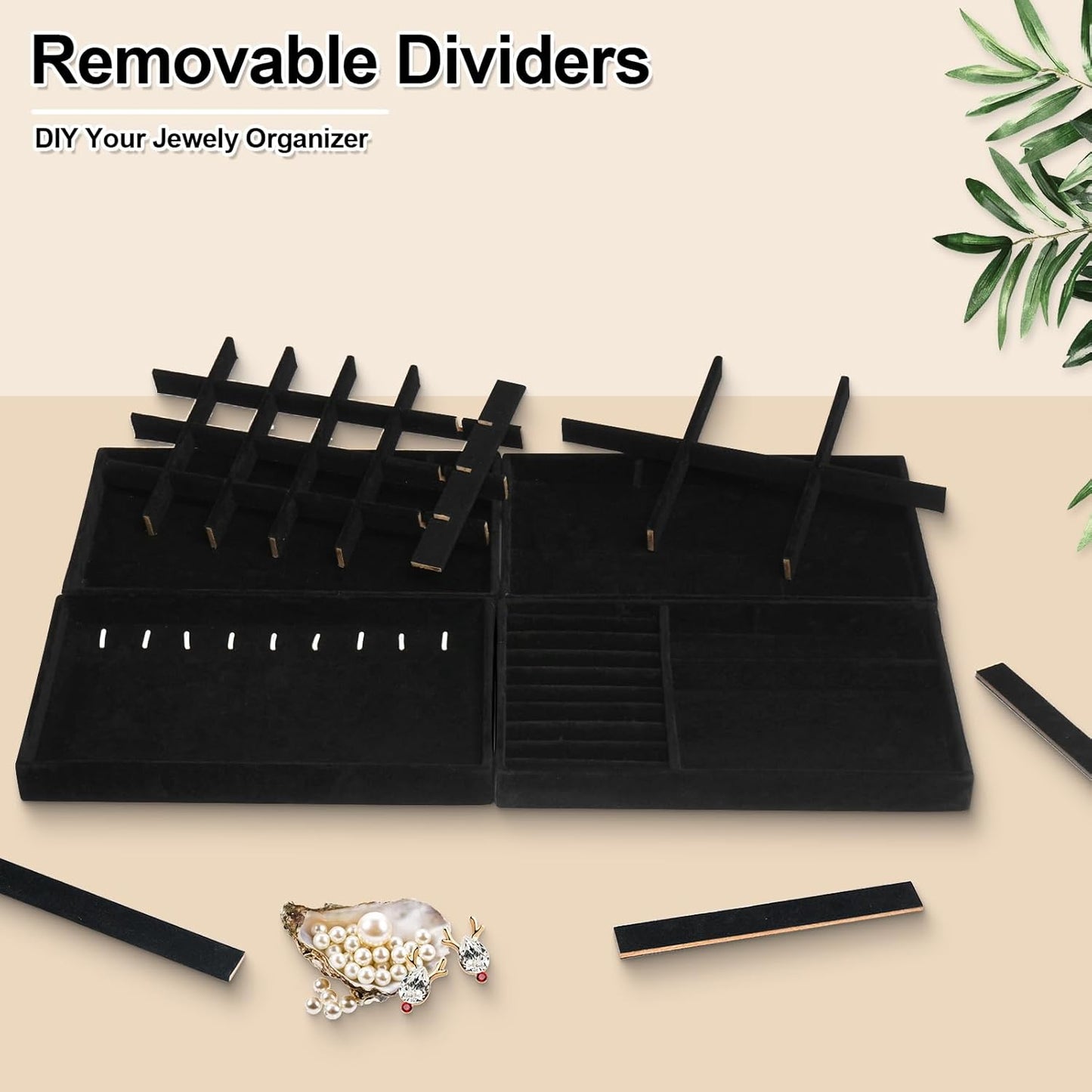 Jenseits 4 Stackable Jewelry Trays Organizer Set for Drawers, Jewellery Drawer Insert Divider Jewel Display Storage with Removable Dividers for Earring Necklace Rings Bracelet, Black