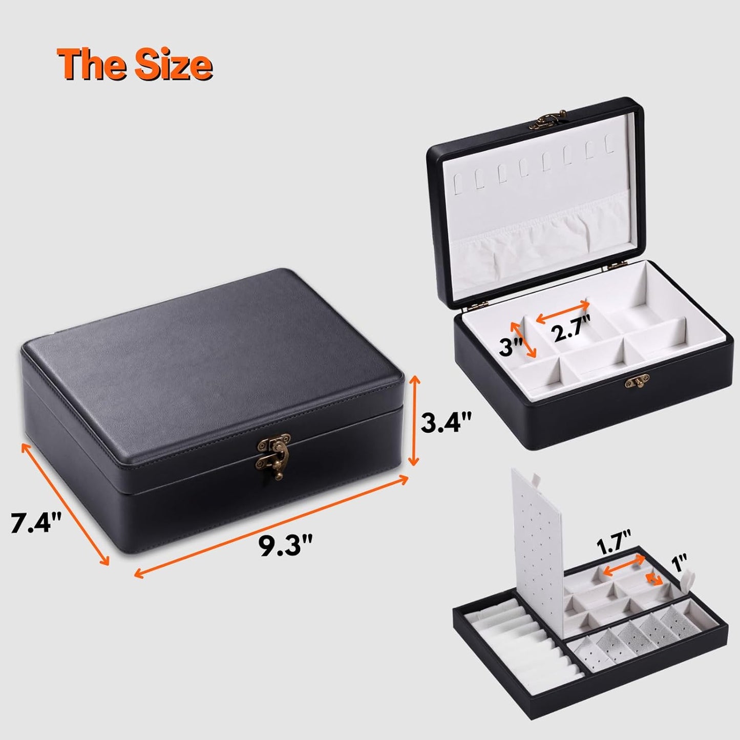 LAMOTI 2-Layer Jewelry Box for Women, Floating Effect Leather Jewelry Organizer with Detatchable Tray for Rings, Earrings, Necklaces & Bracelets (Black)