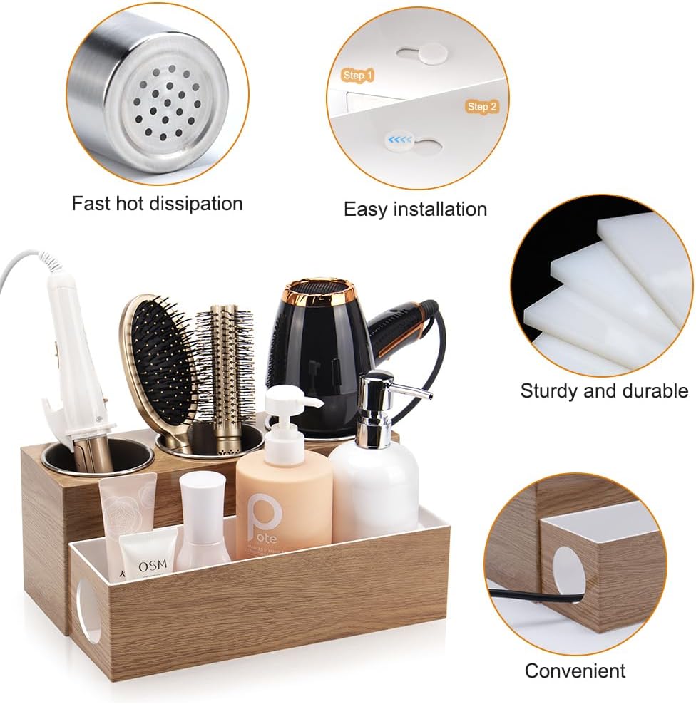 Hair Tool Organizer - Bathroom Vanity Organizers and Storage, Hair Styling Accessories Hot Tools Organizer Hair Dryer, Blow Dryer, Curling Iron, Flat Iron, Hair Straightener, Wood