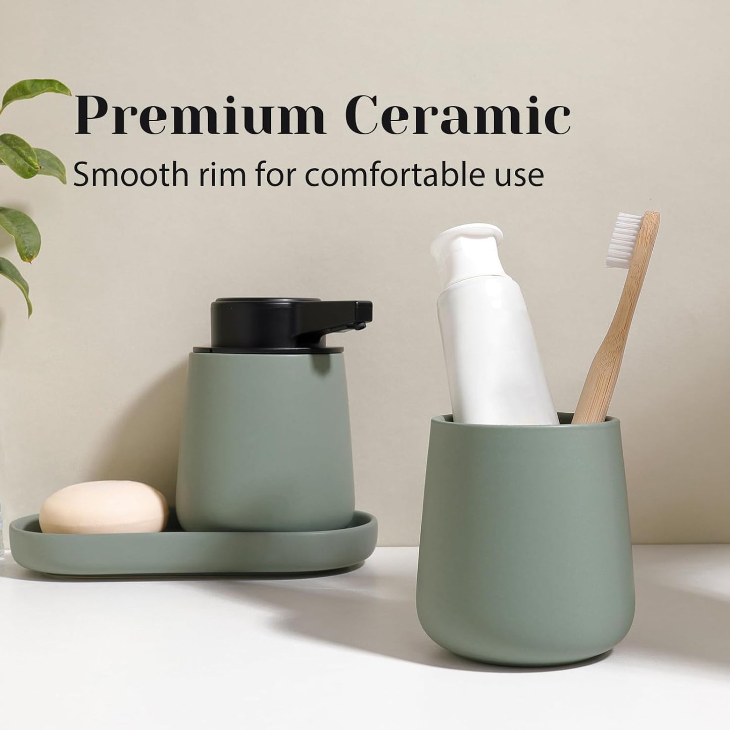 INGOFIN Automatic Ceramic Bathroom Accessory Set - 3 Pcs Auto Liquid Soap Dispenser Touchless, Toothbrush Holder & Tray, Smart Electric Bathroom Counter Set for Home, Guest Room, or Office, Green