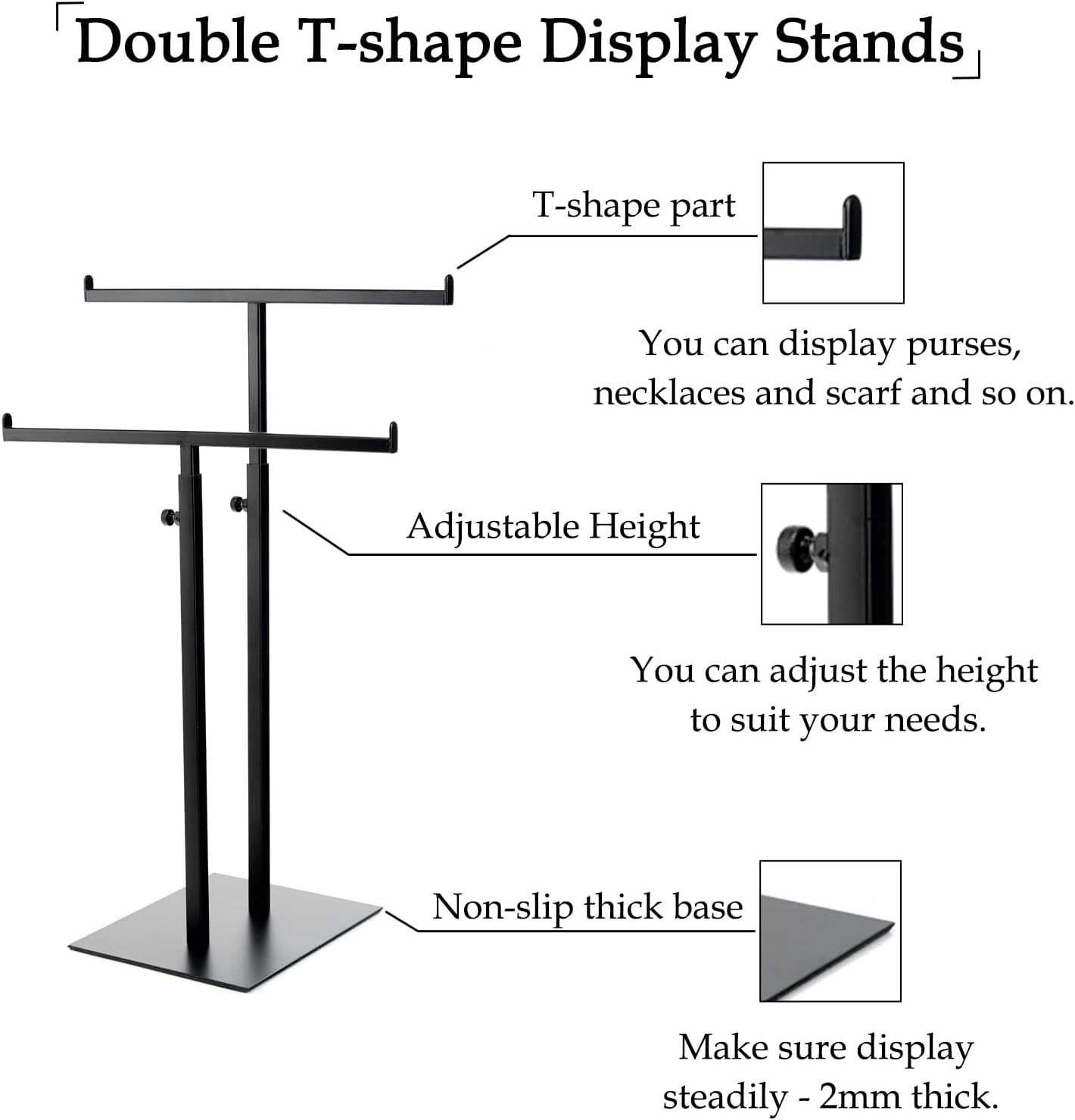 Purse Display Stand Jewelry Towers, Black Double T-Shaped Tabletop Stainless Steel Hook Hanging Adjustable Height Handbag Holder for Organizer Luxury Bags Necklaces Home Store Boutique Retail Closet