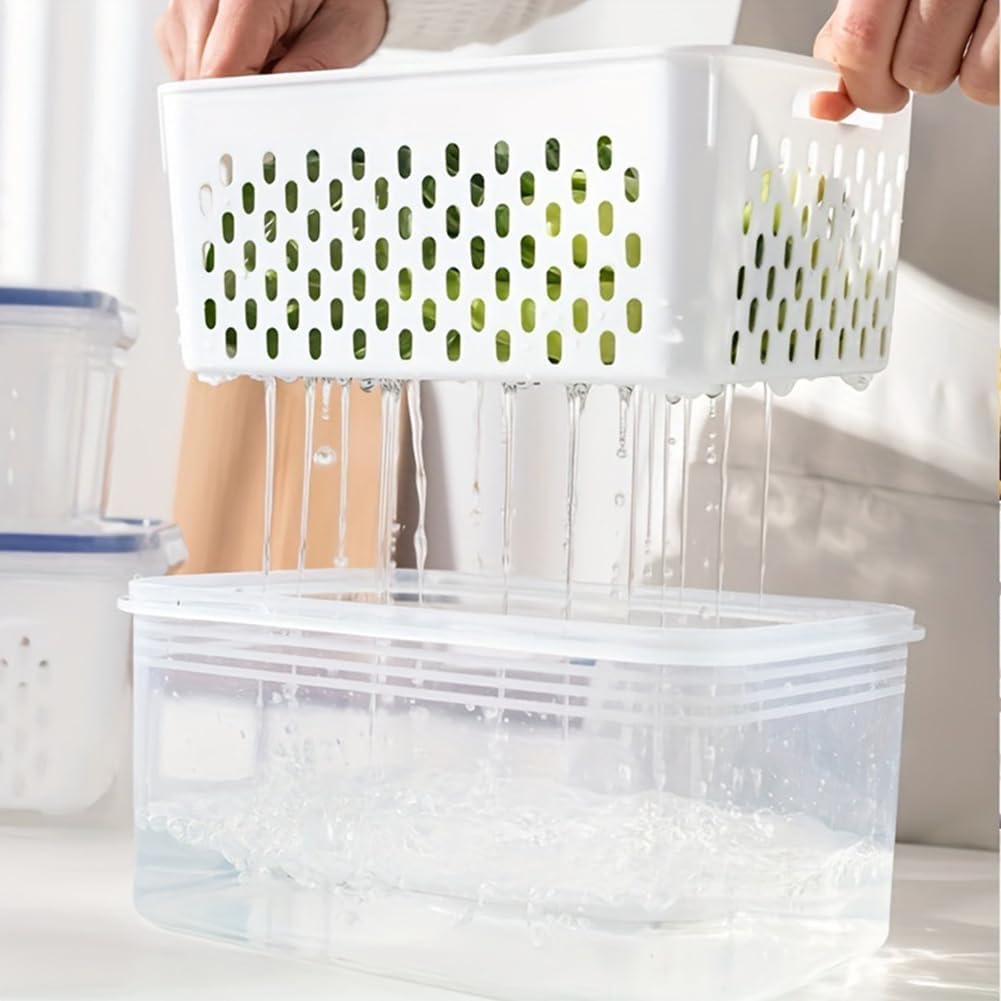 iayokocc 2 Pack Fruit Storage Containers for Fridge, Stackable Food Storage Containers with Removable Colander, Refrigerator Organizer with Drain Baskets Lids- Keeping Food Fresh Longer