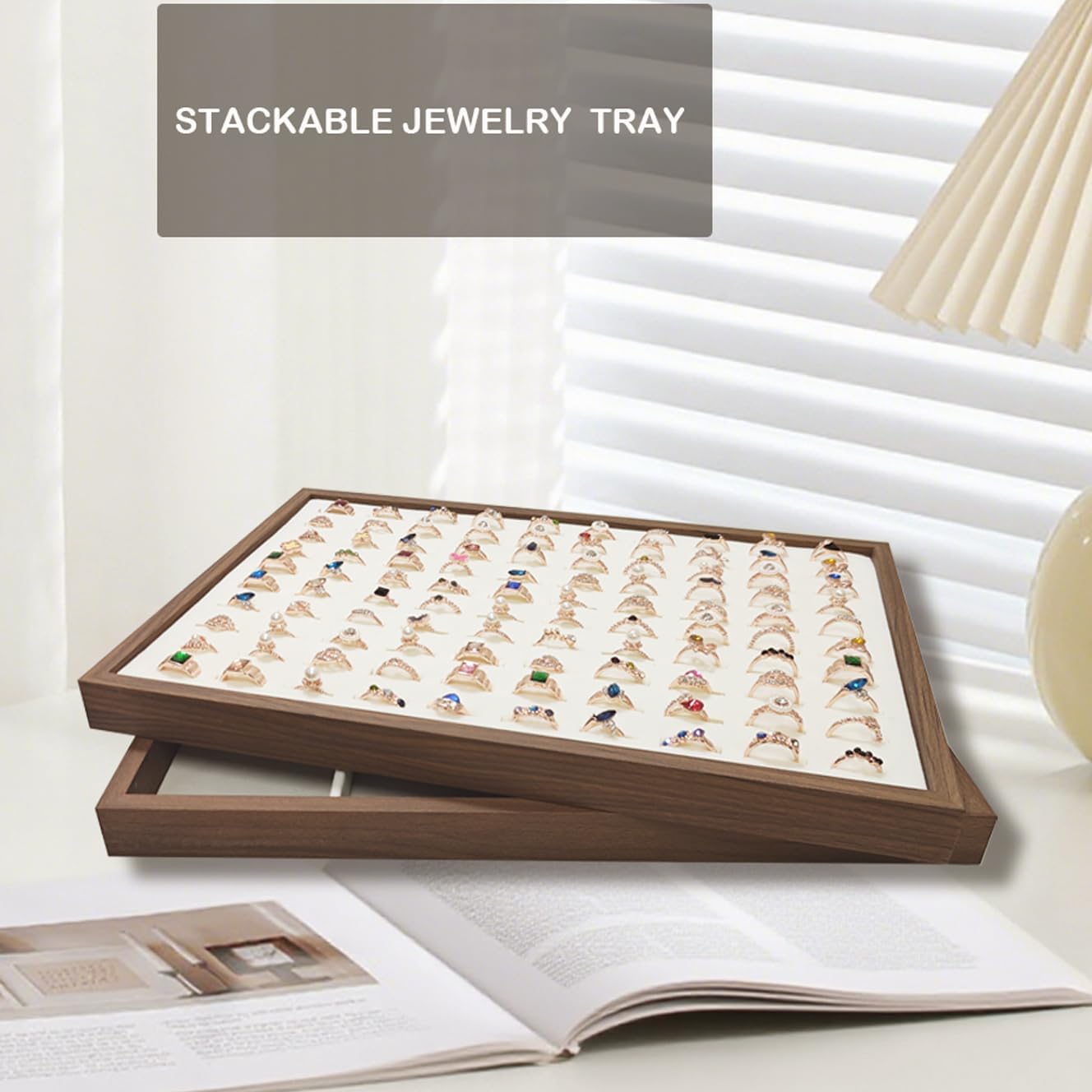 Large Jewelry Trays for Drawers Stackable Velvet Jewelry Display for Vendors Jewelry Drawer Organizer Inserts for Rings Necklace Bracelets Earrings and Studs Earrings (Beige, 100 Slot)