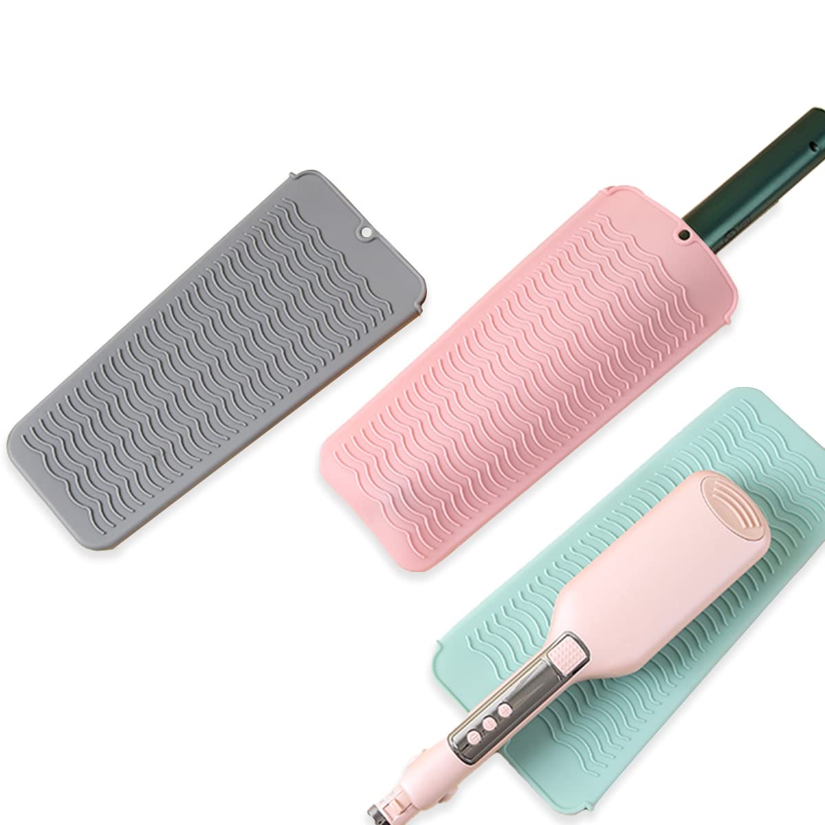 Heat Resistant Silicone Mat with Hanging Hole, Straightener Heat Resistant Travel Mat & Pouch for Curling Iron, Flat Iron and Other Hot Hair Styling Tools, 11 x 5 in, Gray