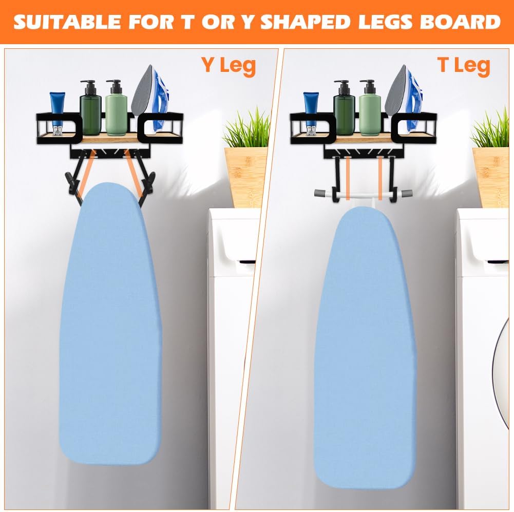 Ironing Board Holder Wall Mount, Metal Ironing Board Hanger with Shelf, T&V Shaped Space Saving Iron Holder for Laundry Room Accessories Organization