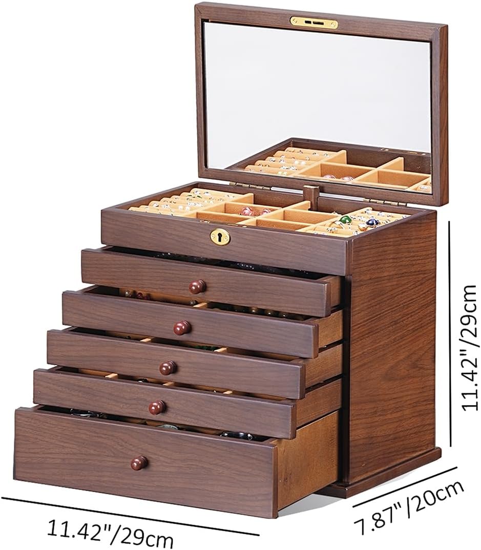 Vintage Rustic Wooden Jewelry Organizer boxes with 5 Drawers & Lock | Large Storage Box for Necklaces, Rings, Earrings | Handcrafted Gift for Women