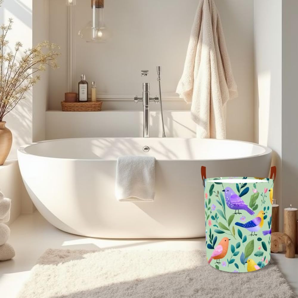 Laundry Baskets 15.7x19.7 Inch Large Colorful Birds Leaves Floral Design Collapsible Laundry Hamper with Handles Oxford Fabric Clothes Storage Bin Foldable Dirty Clothes for Bedroom Bathroom Dorm