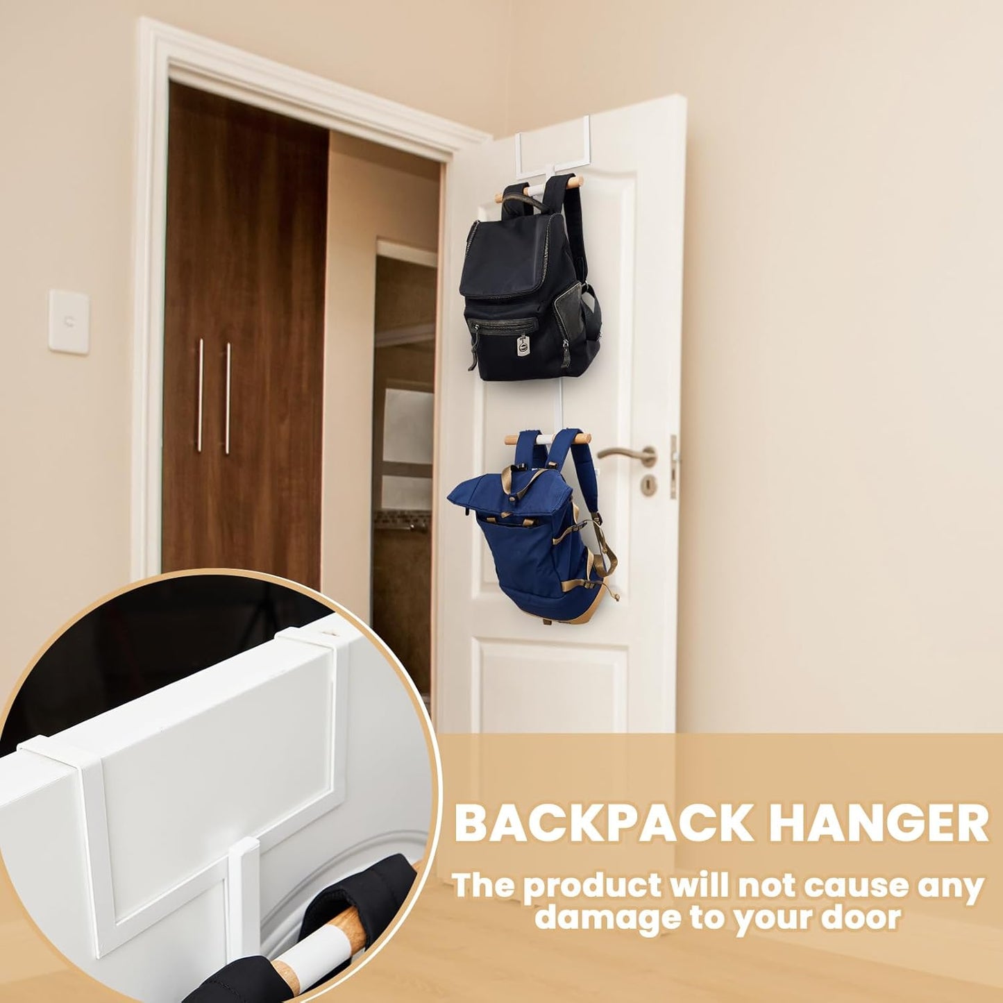 Over The Door Backpack Hanger, Backpack Hanger for Closet, Two Tiered Metal Storage Rack Backpacks Hooks, Heavy Duty Hook Storage for Schoolbag, Easy Installation(White,1)
