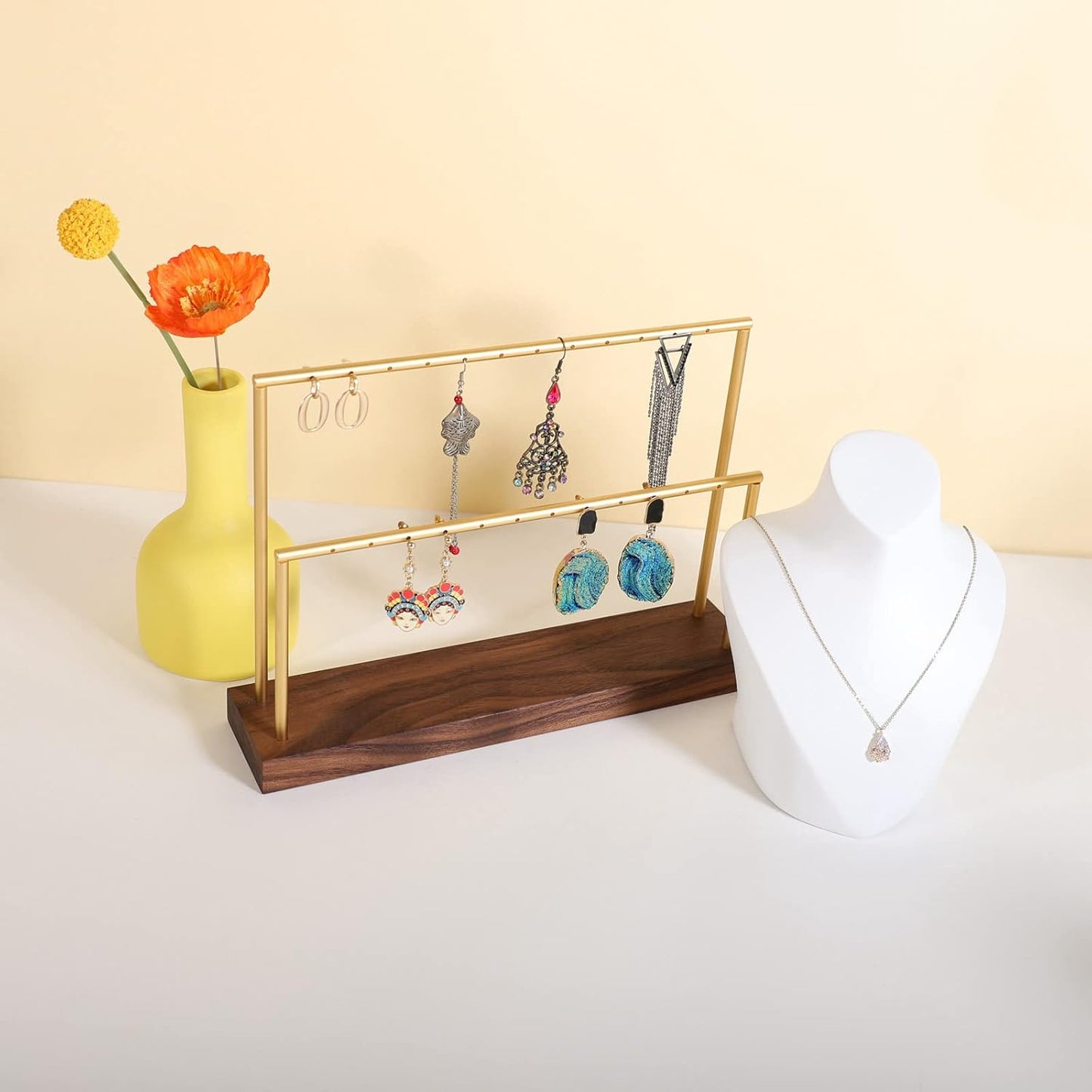 GemeShou wooden earring holder organizer for girls, walnut stud earring display stand for boutique store, jewelry storage organizer shelf【Walnut stand-Two Tiers】