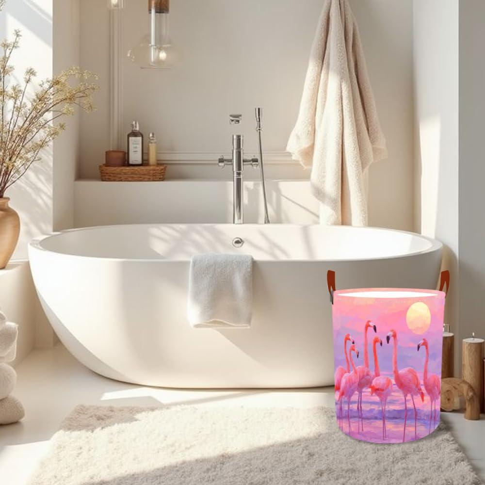 Laundry Baskets 15.7x19.7 Inch Large Pink Flamingo Sunset Beach Design Collapsible Laundry Hamper with Handles Oxford Fabric Clothes Storage Bin Foldable Dirty Clothes Organizer for Bedroom Bathroom