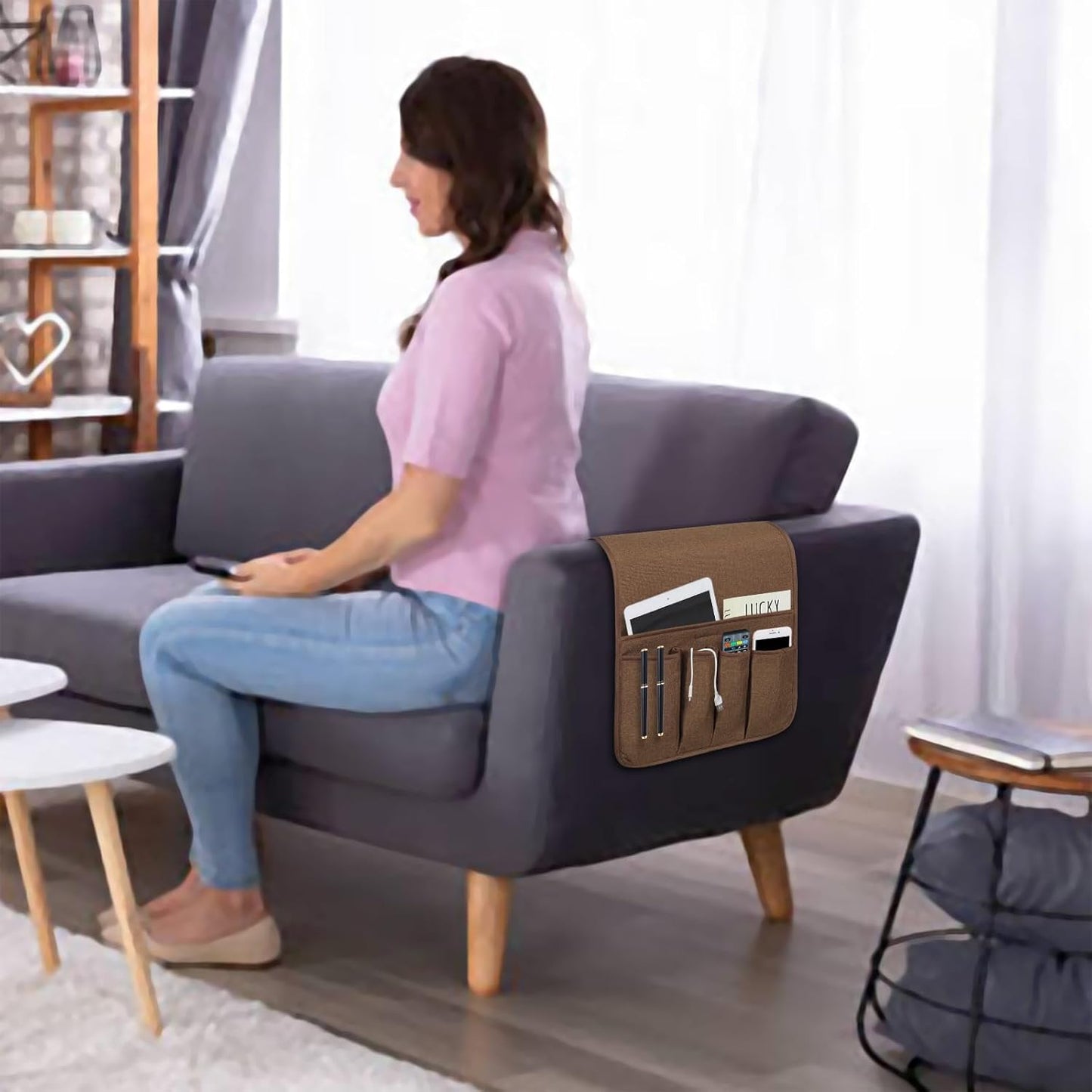 NB Sofa Armrest Organize remote holder bedside caddy organizer with 5 pockets,non-slip couch remote control holder couch armchair caddy accessories (Flaxen, 35"x12.4")
