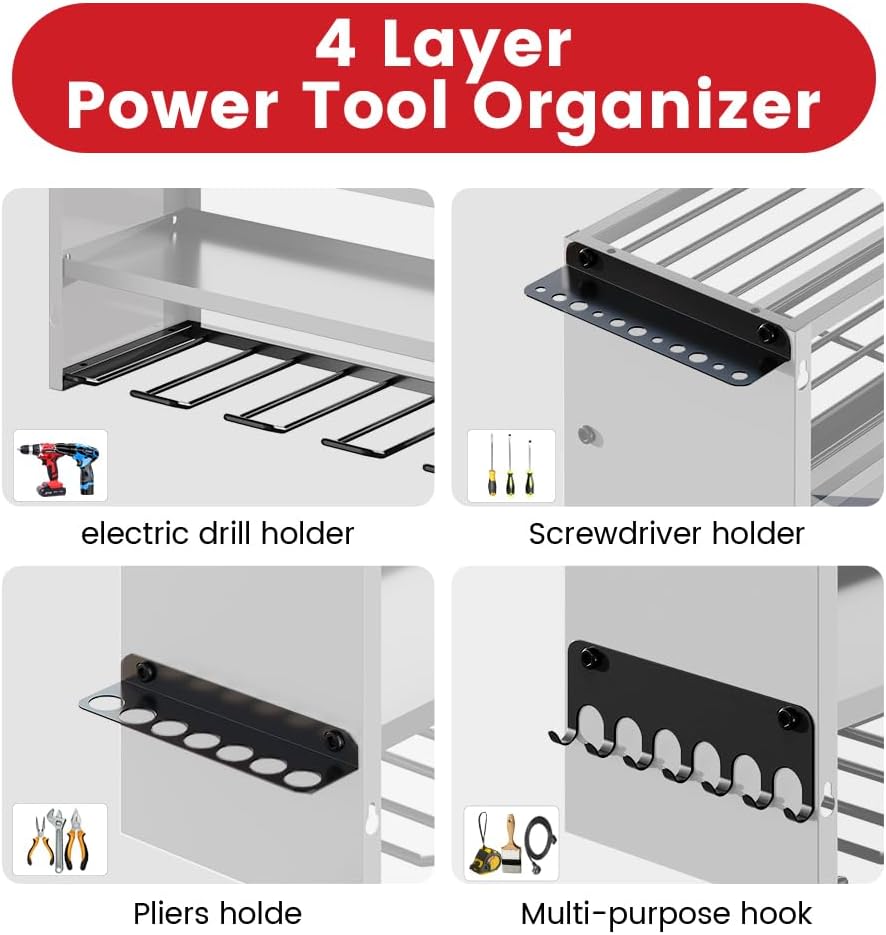 4 Layers Power Tool Organizer Wall Mount with Power Strip, Heavy Duty Metal Tool Shelf, 400lbs Capacity for Cordless Drills, Batteries & Garage Storage (8 Slots with 8 Outlets Power Strip)