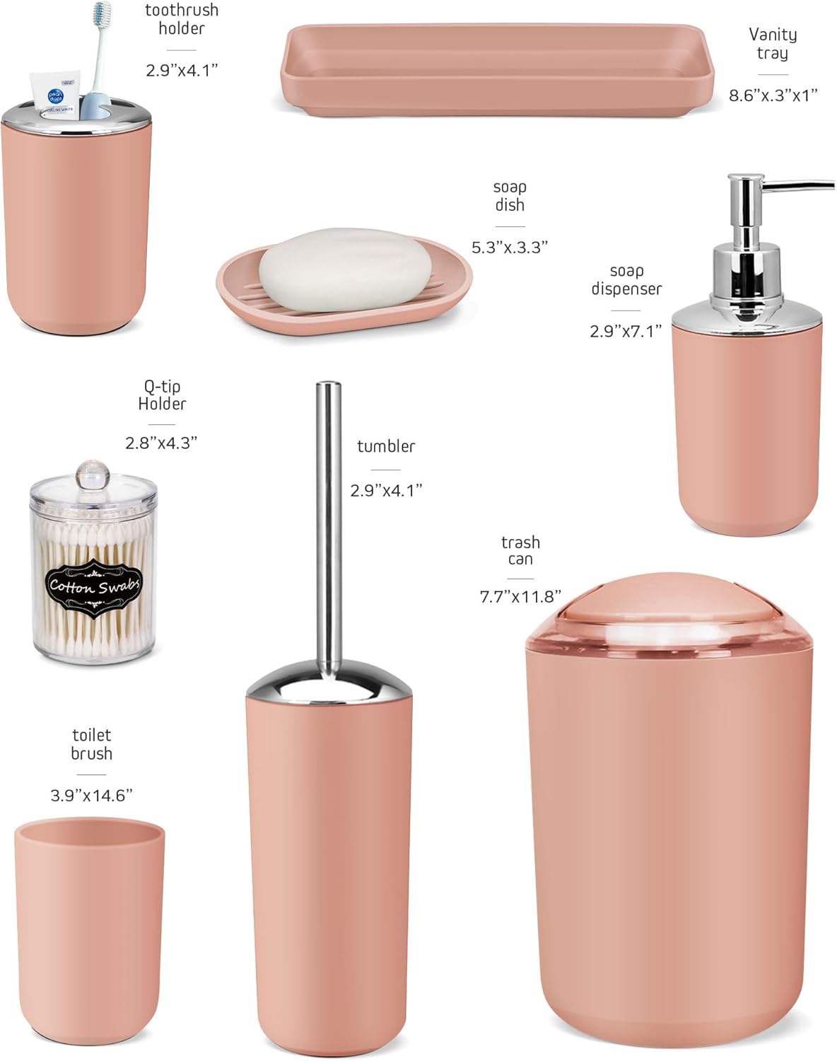 IMAVO Bathroom Accessories Set,Coral Pink Bathroom Set,9 Pieces Bathroom Accessory Set,Tray,Qtip Holders,Toilet Brush,Trash Can for Bathroom Décor and Home Gifts