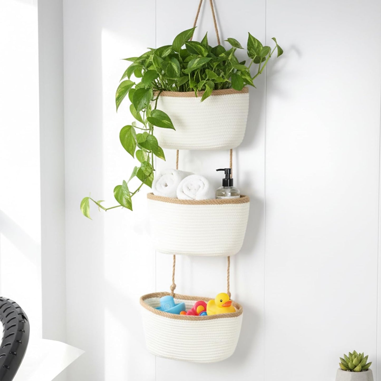 TeoKJ 3-Tier Wall hanging Storage Bags, Over the Door Organizer, Decorative Cotton Rope Hanging Baskets, White & Dark Brown